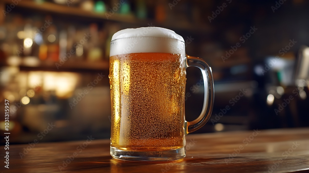 Glass of Beer on Bar Counter in a Pub Glass of Beer on Bar Counter in a Pub