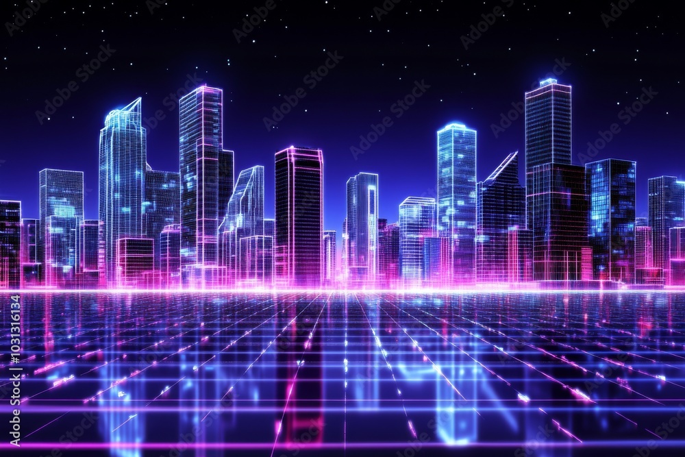 Futuristic Neon City Skyline at Night with Glowing Grid and Starry Sky Futuristic Neon City Skyline at Night with Glowing Grid and Starry Sky