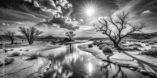 Sunlit Waters Reflecting a Serene Landscape of Bare Trees and Rolling Hills in Black and White