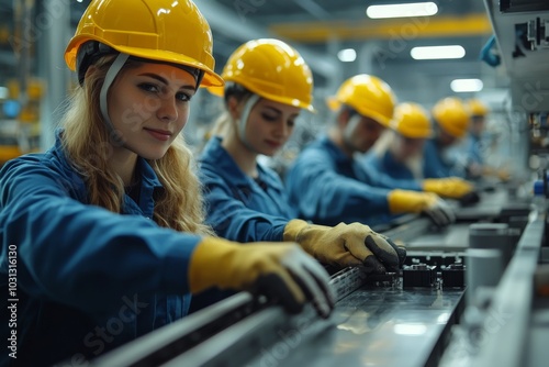 Wallpaper Mural Women engineers diligently working on a factory production line, showcasing teamwork, safety, and precision in a modern industrial setting. Torontodigital.ca