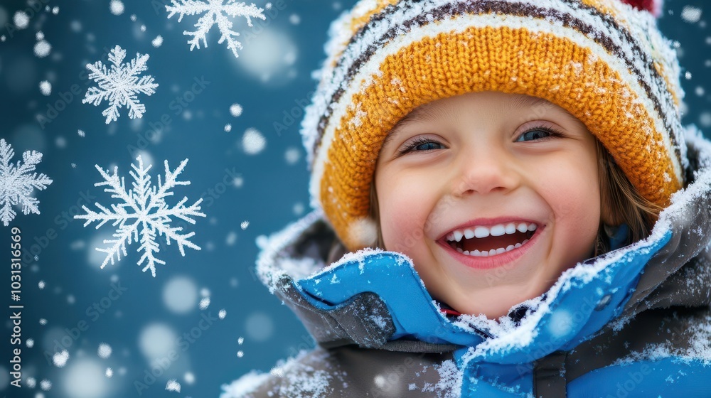 a joyful child clad in a cozy hat and jacket, surrounded by swirling snowflakes, embodies the spirit of winter holidays with a beaming expression a joyful child clad in a cozy hat and jacket, surrounded by swirling snowflakes, embodies the spirit of winter holidays with a beaming expression