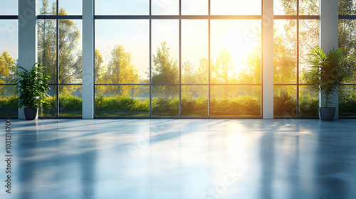 Bright  spacious interior with large windows and natural light.