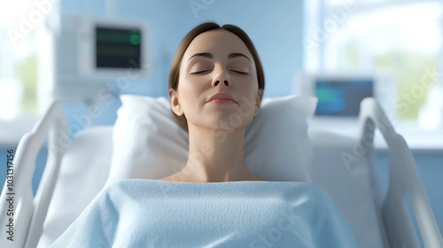 A serene woman resting peacefully in a hospital bed, surrounded by medical equipment, conveying a sense of calmness and recovery. photo