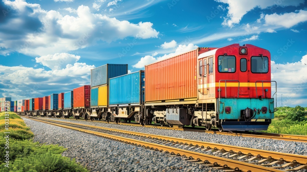 Colorful Freight Train on Scenic Railway Tracks Colorful Freight Train on Scenic Railway Tracks