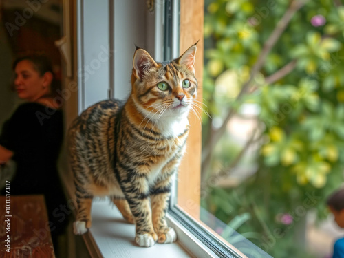 A cat is standing on a window sill looking out the window. The cat is looking at something outside