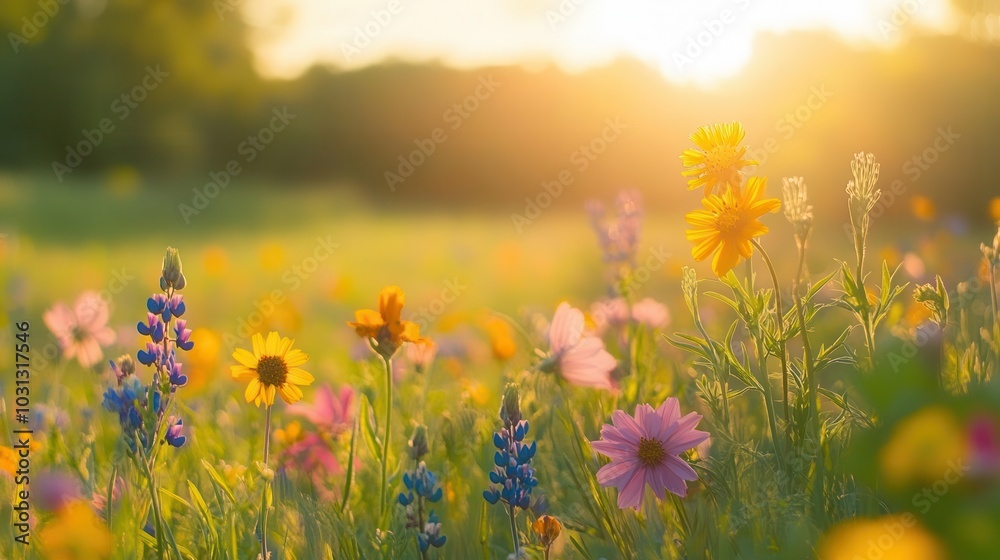 a picturesque meadow bursting with wildflowers in full bloom, hues of vibrant colors blending harmoniously under a soft, golden sunlight, exuding tranquility a picturesque meadow bursting with wildflowers in full bloom, hues of vibrant colors blending harmoniously under a soft, golden sunlight, exuding tranquility