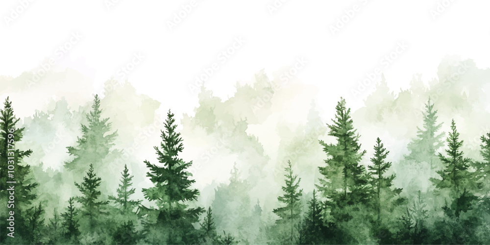 Watercolor Forest Landscape with Pine Trees on a white background