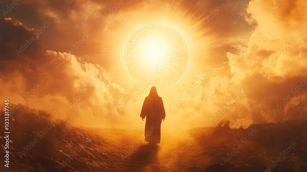 a powerful depiction of jesus christ as the savior of humanity, radiating compassion and light, set against a halo of divine presence and serene background