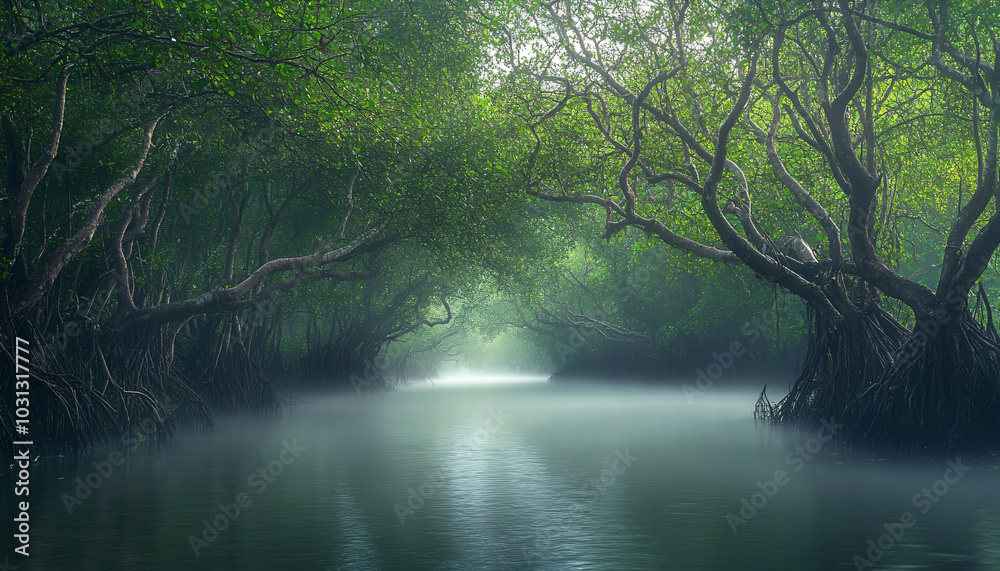 A thick fog flows like water, cutting a river-like path through a dense jungle A thick fog flows like water, cutting a river-like path through a dense jungle
