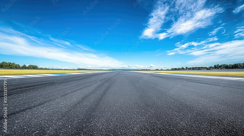 Fototapeta premium a pristine motor racing track, empty and ready for competition, with clear asphalt stretching into the distance under a bright blue sky, evoking anticipation