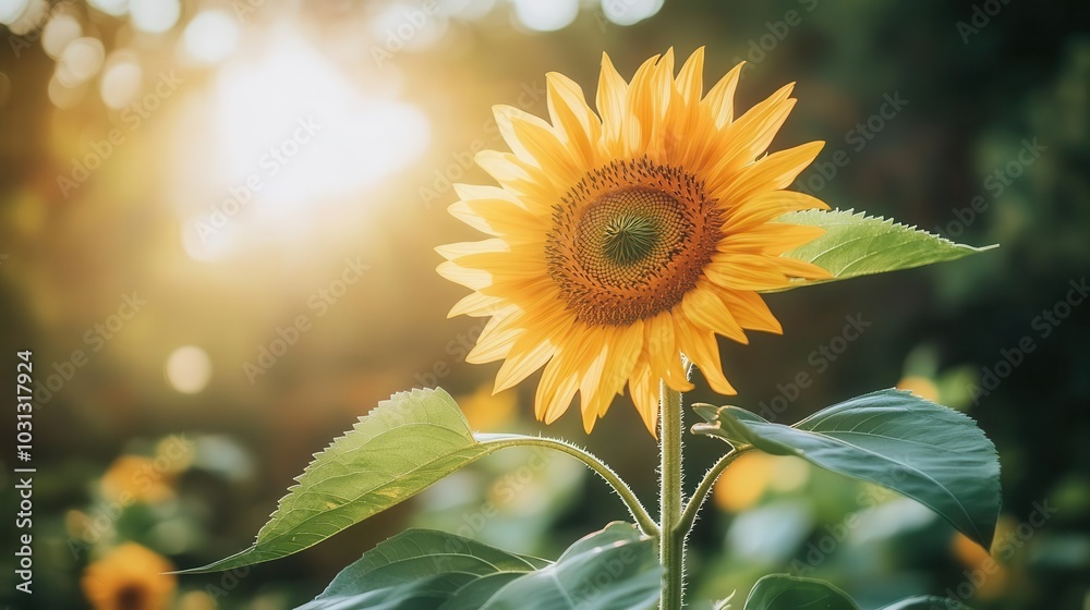 Naklejka premium a radiant yellow sunflower with lush green leaves, standing tall against a soft, light background, evoking warmth and the essence of summer