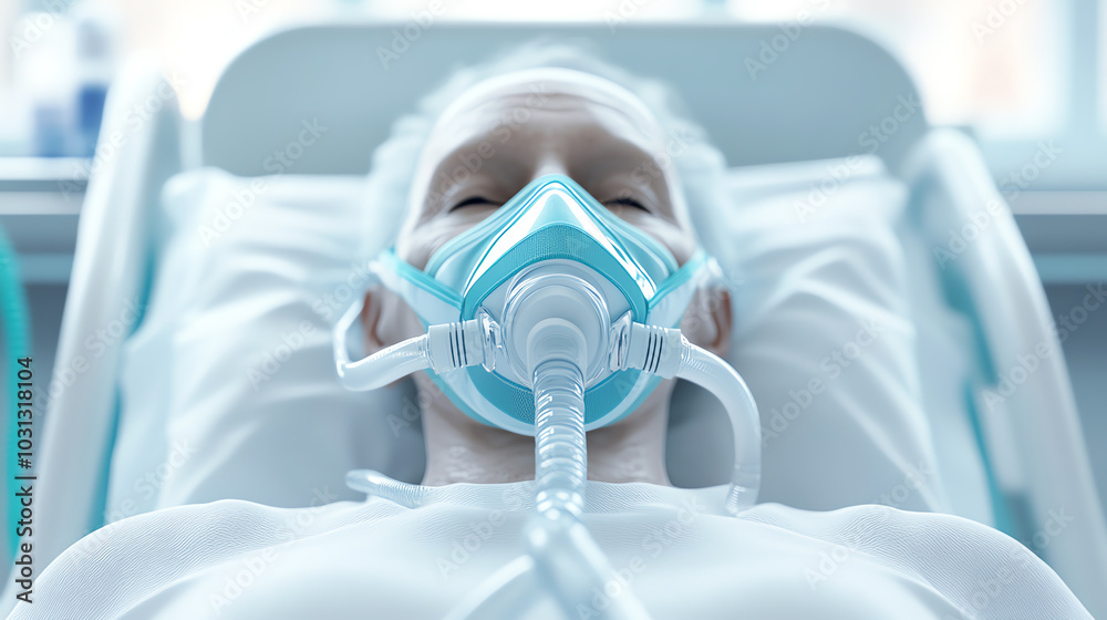 Patient in a hospital bed wearing a respiratory mask, surrounded by medical equipment