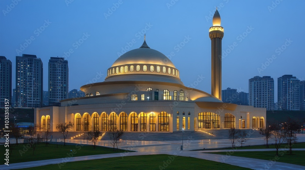 Obraz premium A modern mosque with a golden dome and minaret, illuminated at dusk, stands against a backdrop of city skyscrapers.