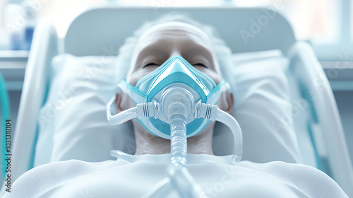 Obraz na płótnie Patient in a hospital bed wearing a respiratory mask, surrounded by medical equipment w salonie