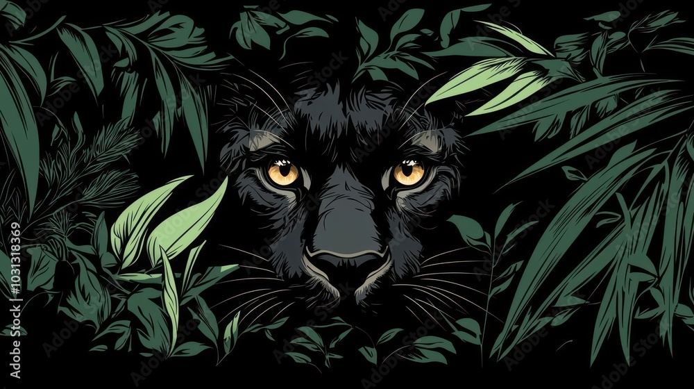 Black panther hiding in the shadows of a dense jungle, eyes glowing, Panther, Mystery and stealth Black panther hiding in the shadows of a dense jungle, eyes glowing, Panther, Mystery and stealth