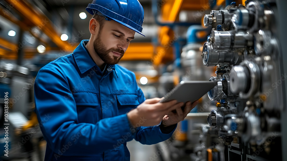 Worker using a tablet near industrial machinery in a facility.
