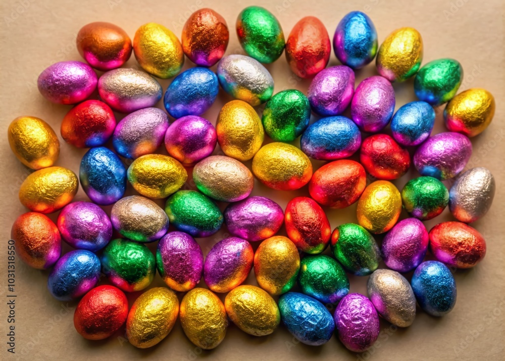 Colorful Easter Chocolate Mini Eggs in Foil on Beige Background for Festive Celebrations and Spring Treats - Top Colorful Easter Chocolate Mini Eggs in Foil on Beige Background for Festive Celebrations and Spring Treats - Top