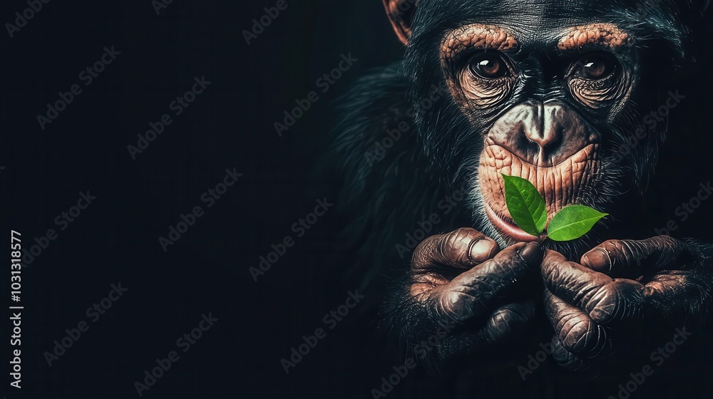 Closeup of a chimpanzee holding a small leaf, expressive eyes full of curiosity, Chimpanzee, Humanlike intelligence Closeup of a chimpanzee holding a small leaf, expressive eyes full of curiosity, Chimpanzee, Humanlike intelligence