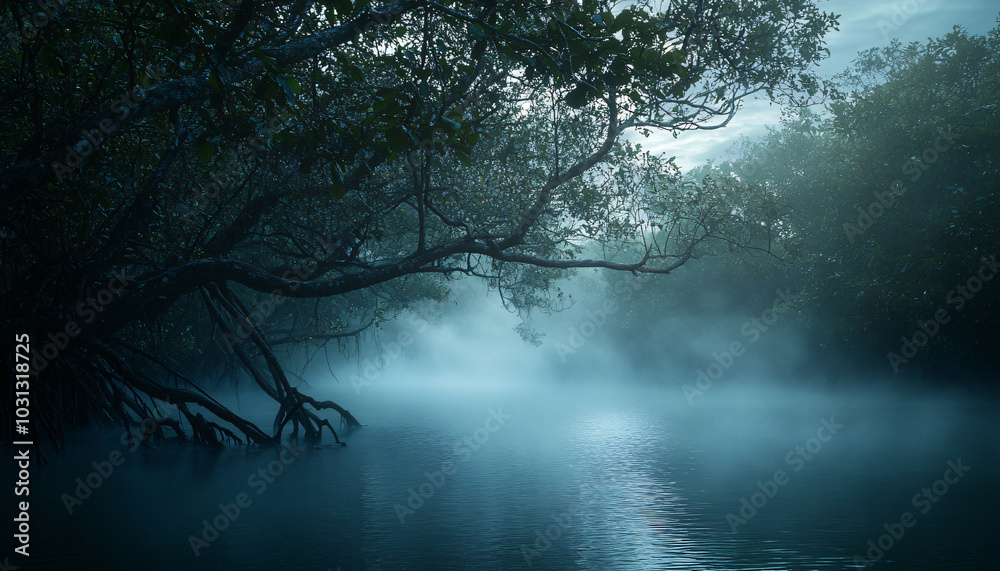 A thick fog flows like water, cutting a river-like path through a dense jungle A thick fog flows like water, cutting a river-like path through a dense jungle