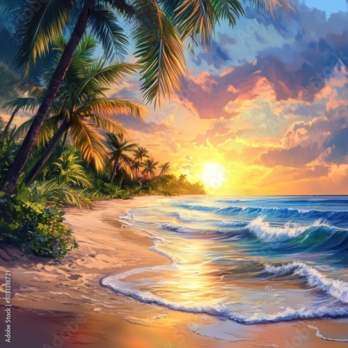 A serene sunset over a tropical beach with palm trees, golden sand, and turquoise waters.