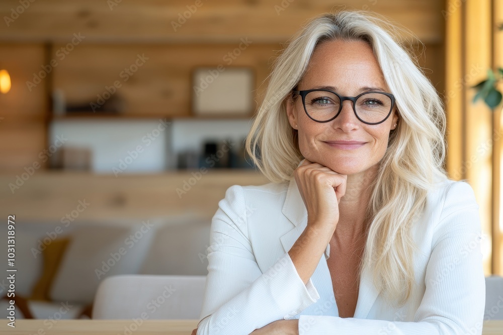 Confident Businesswoman in Minimalist Workspace Confident Businesswoman in Minimalist Workspace