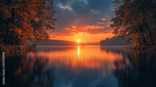 A fiery sunset over a still lake with trees lining the shoreline.