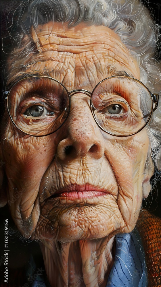 Close-up Portrait of an Elderly Woman with Wrinkled Skin and Glasses Close-up Portrait of an Elderly Woman with Wrinkled Skin and Glasses