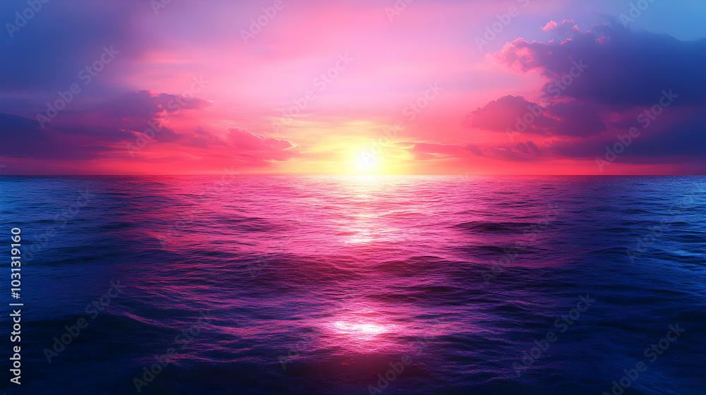 Fototapeta premium A vibrant sunset over calm ocean waters, creating a serene atmosphere.