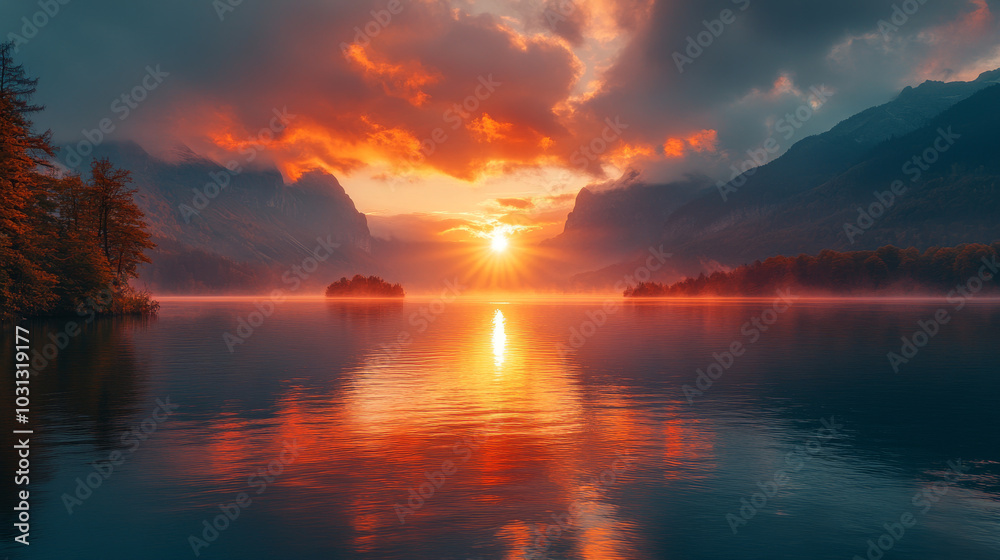 Sunrise over a calm lake, with mountains in the background. Sunrise over a calm lake, with mountains in the background.