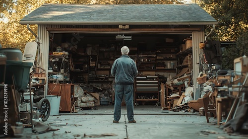 Elderly Man Standing In Cluttered Garage