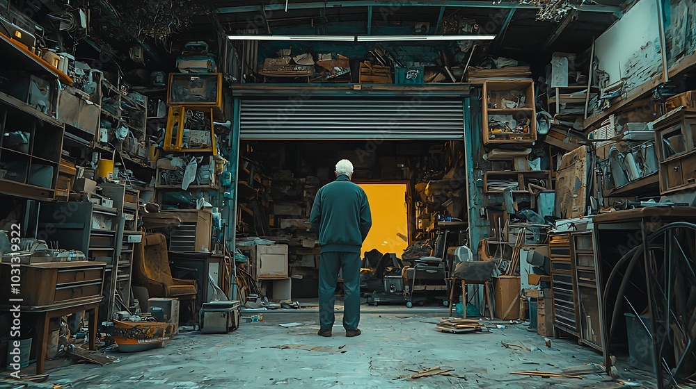 Man Standing In Cluttered Warehouse Doorway Man Standing In Cluttered Warehouse Doorway