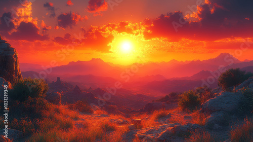 A breathtaking sunset over a mountain range, painted in shades of orange and red.