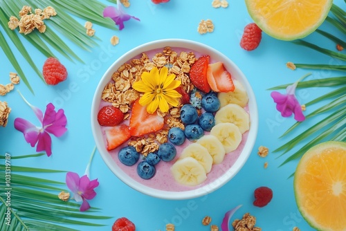 A vibrant smoothie bowl with fresh fruit, granola, and a flower, surrounded by tropical leaves and fruit on a blue background.