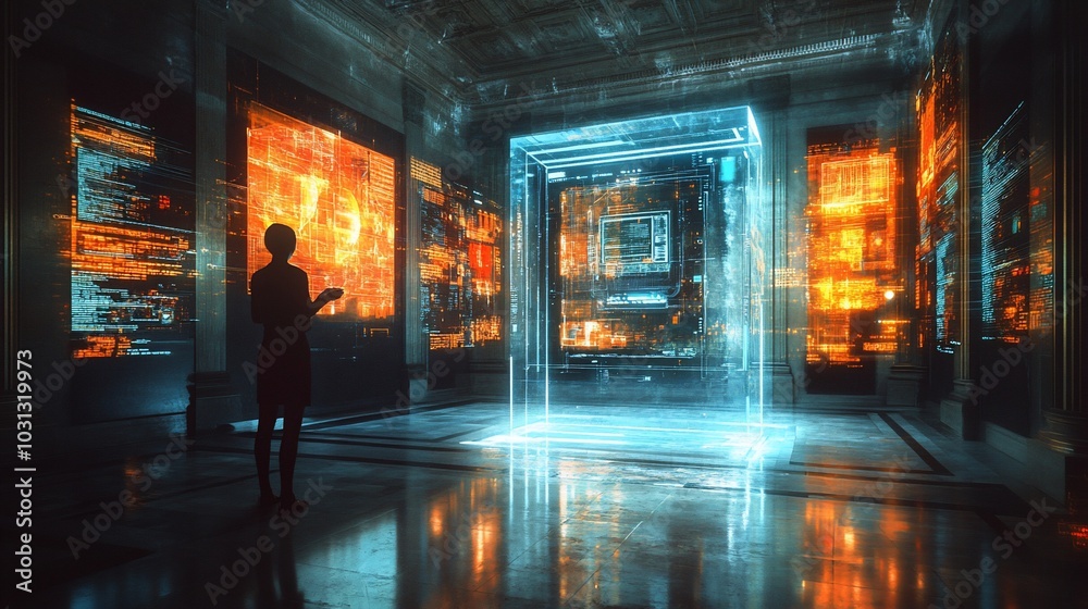 A woman stands in a futuristic museum with glowing screens depicting data and code, while a large, glowing cube illuminates the room. A woman stands in a futuristic museum with glowing screens depicting data and code, while a large, glowing cube illuminates the room.