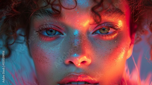 Close-Up Portrait of a Woman with Red and Blue Lighting