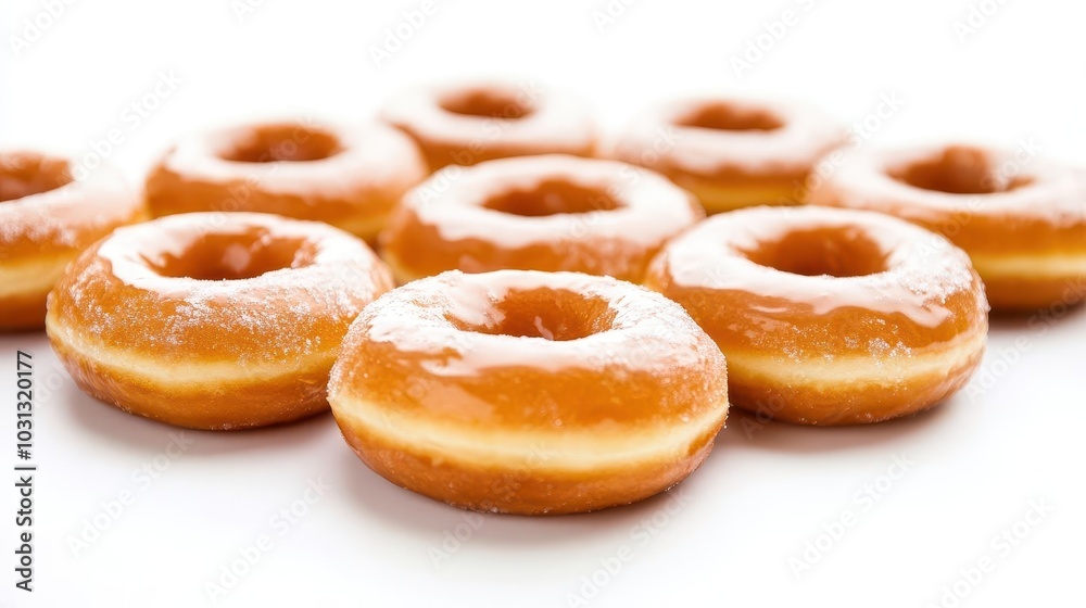 a tempting display of glazed donuts isolated against a clean white background, emphasizing their sugar-coated appeal and making them the star of the scene a tempting display of glazed donuts isolated against a clean white background, emphasizing their sugar-coated appeal and making them the star of the scene
