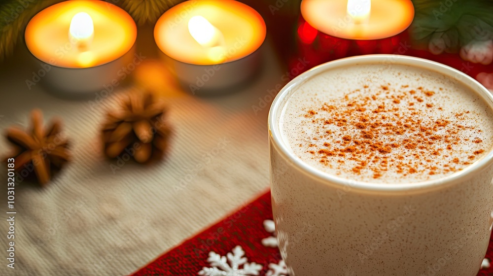 A cozy winter drink sits beside flickering candles, featuring creamy texture topped with a sprinkle of spice, perfect for festive gatherings. A cozy winter drink sits beside flickering candles, featuring creamy texture topped with a sprinkle of spice, perfect for festive gatherings.