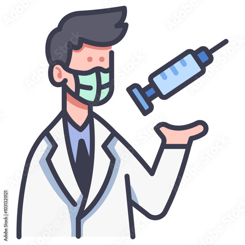 Cartoon doctor wearing a mask with a syringe in his hand.
