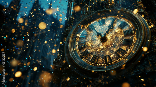 Golden Clock Hands Ticking at Midnight with Festive Confetti