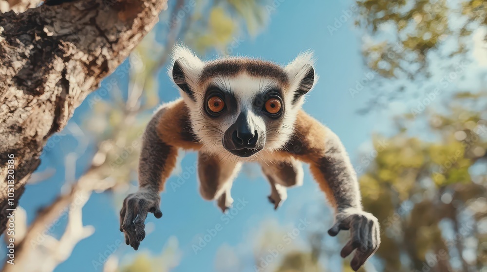 Lemurs leaping between trees, dynamic action shot in midair, Lemur, Playfulness and agility in the wild Lemurs leaping between trees, dynamic action shot in midair, Lemur, Playfulness and agility in the wild