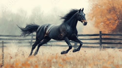 A black horse gallops through a field with a wooden fence in the background.