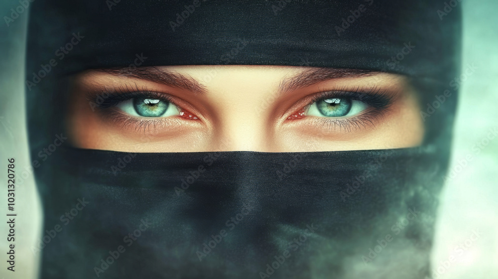 Close-up of a woman's piercing blue eyes peering out from under a black headscarf. Close-up of a woman's piercing blue eyes peering out from under a black headscarf.