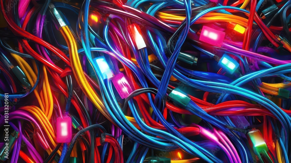 a vibrant composition of colorful electric cables and bright led lights intertwined, creating an intense visual feast that conveys the energy of modern technology trends a vibrant composition of colorful electric cables and bright led lights intertwined, creating an intense visual feast that conveys the energy of modern technology trends