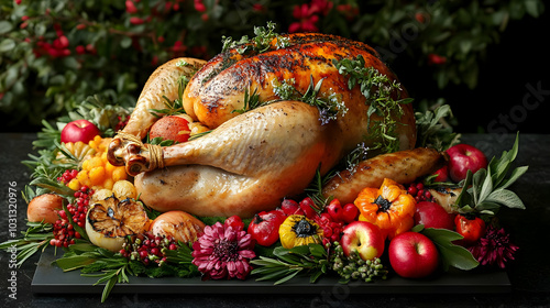 A beautifully arranged roasted turkey with seasonal fruits and herbs.