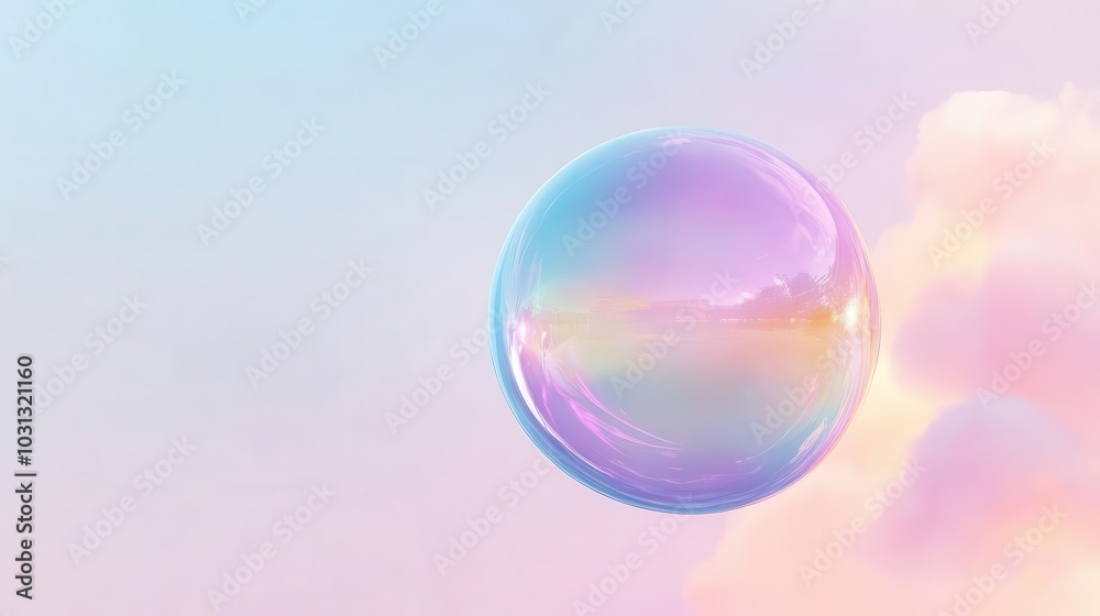 a vibrant iridescent bubble floating against a pastel gradient background, radiating joy and whimsy with its colorful reflections and ethereal presence