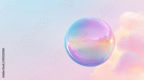 a vibrant iridescent bubble floating against a pastel gradient background, radiating joy and whimsy with its colorful reflections and ethereal presence