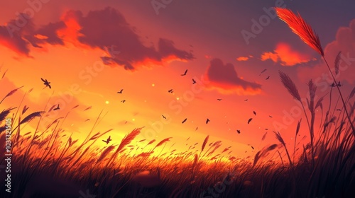 A vibrant sunset over a field of tall grass with birds flying overhead.