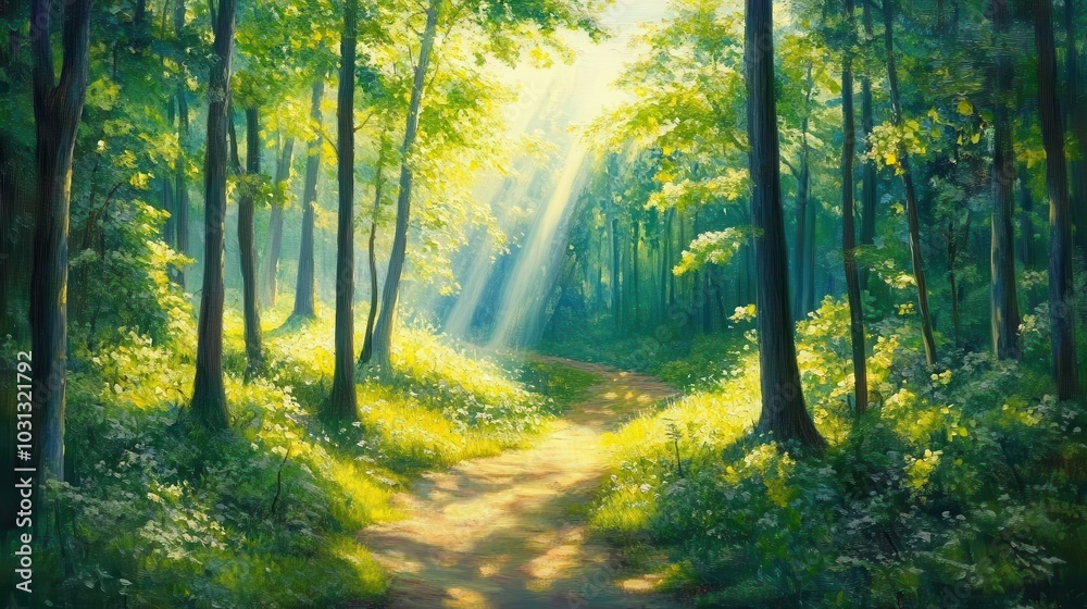 Obraz premium a vivid painting of a sunlit forest path, with dappled light streaming through lush green foliage, evoking a sense of peace and connection to nature