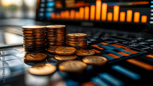 Stacked coins on a laptop k...
