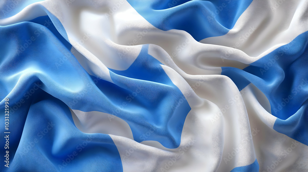 A close-up view of a wrinkled blue and white flag fabric. A close-up view of a wrinkled blue and white flag fabric.